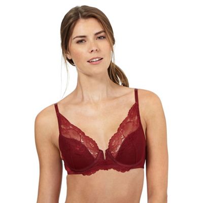 Red floral lace plunge bra